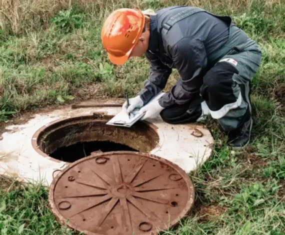 Technician performing septic tank inspection and maintenance for Luna Environmental in Central Texas