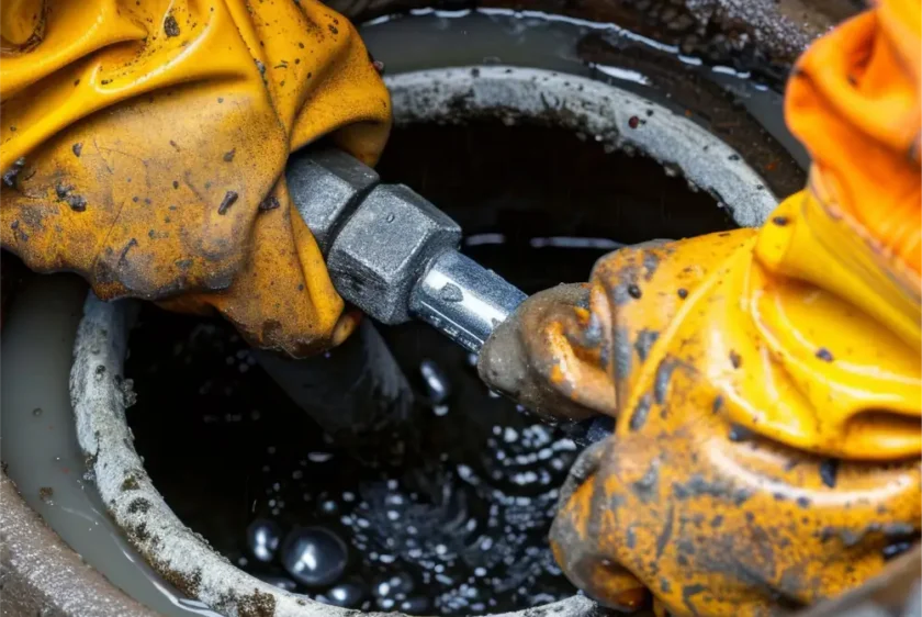 Close-up of technician repairing a septic system using specialized tools for Luna Environmental service