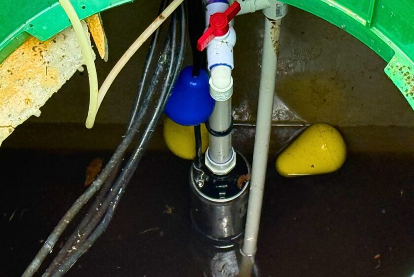 Float switches inside a septic pump tank, the small buoys that rise with the water and switch the pump on